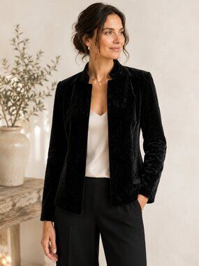 Flores & Flores Black Velvet Jacket SZ16 Mandarin Collar Evening Blazer Vintage